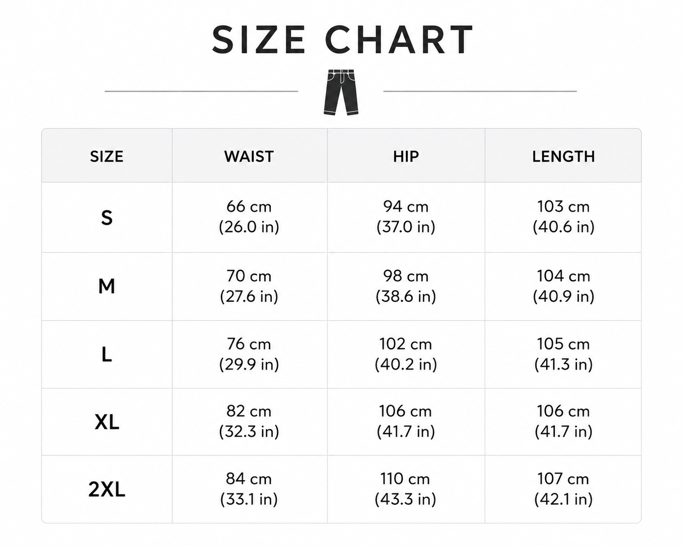 Size chart with waist, hip and length measurements for sizes S to 2XL